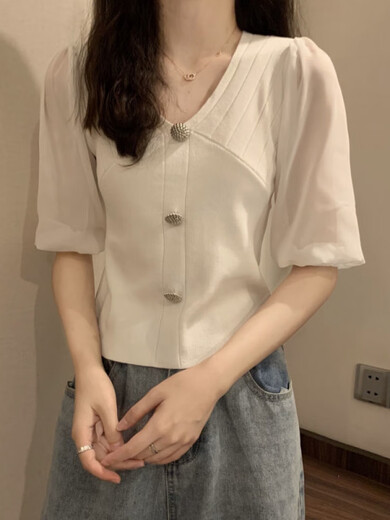 依慕琪2025夏新款冰丝雪纺拼接V领短袖针织衫淑女薄款打底衫短款上衣MCL 3523黑色 均码 (70-125斤可穿)