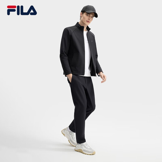 FILA Official Men's Woven Jacket 2025 Spring New Fashion Casual Basic Plus Velvet Stand Collar Jacket for Men True Black-BK XL