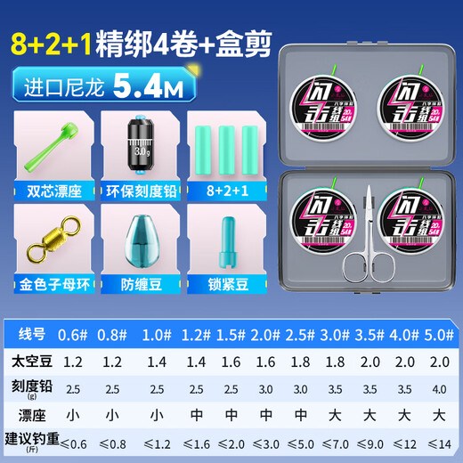 Xiaofengxian imported finished product line set 4 rolls full set of crucian carp, silver carp and bighead carp main line strong tension platform fishing tied fishing line 5.4m 4 rolls eight figure ring style + box scissors 1.5