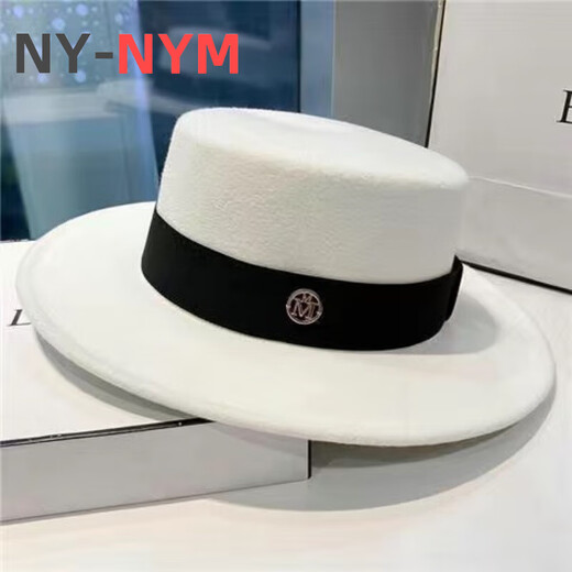 NY-NYM Sombrero de Jazz de Lana de Moda Retro de Estilo británico Sombrero de Mujer Marca de Moda Sombrero Plano de Todo fósforo de la alta sociedad francesa Sombrero Blanco + Banda Negra M (56-58 cm)