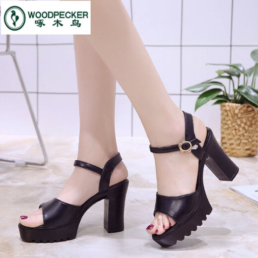 
Woodpecker 2025 new rhinestone fish-mouth shoes for women summer thick sole sponge cake Korean version waterproof platform high heel one-line buckle thick heel sandals blue upgraded version 37