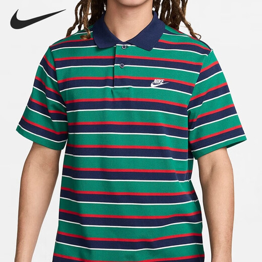 耐克（NIKE）男装 舒适百搭宽松休闲条纹运动翻领短袖T恤FN3897-010 FN3897-410 S