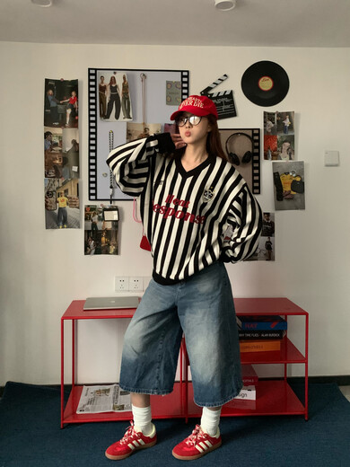 Style rabbit sweater for women 2024 autumn and winter new European and American jersey style striped V-neck trendy brand lazy style loose couple sweater blue and white striped equal size