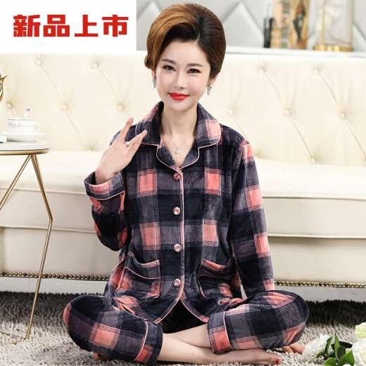 莫代尔中老年人妈妈珊瑚绒睡衣女秋冬季加厚保暖大码海岛绒法兰绒家居服 Y9227 XL