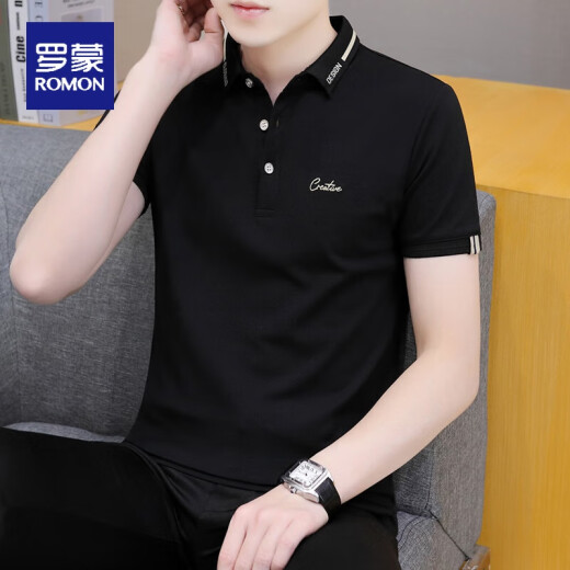 Camiseta de manga corta de Romon Cotton Manga de moda 2023 White Top Summer Summer Men's Polo Camisa para hombres Media manga 679 Negro 2xl adecuado para 145-165Jin [Jin es igual a 0,5 kg]