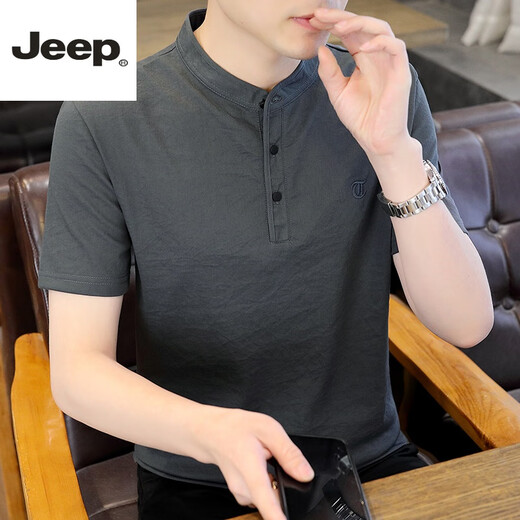 JEEP SPIRIT体桖衫男士棉麻短袖t恤夏季中国风高端简约小立领体恤夏天亨利衫 黑色 4XL