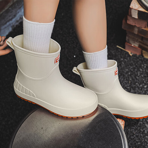 Feiyuega Mode Regenstiefel für Frauen im Freien im Freien mittelschwerem Regenstiefel Wasserschuhe nicht rutschfeiner Küchenautos Waschanwaschanlage Weiche Sohle Gummischuhe weiß braun 37