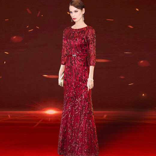 2025 new autumn style grandma-in-law wedding banquet dress high-end noble young foreign temperament high-end wedding mother evening dress burgundy 2XL