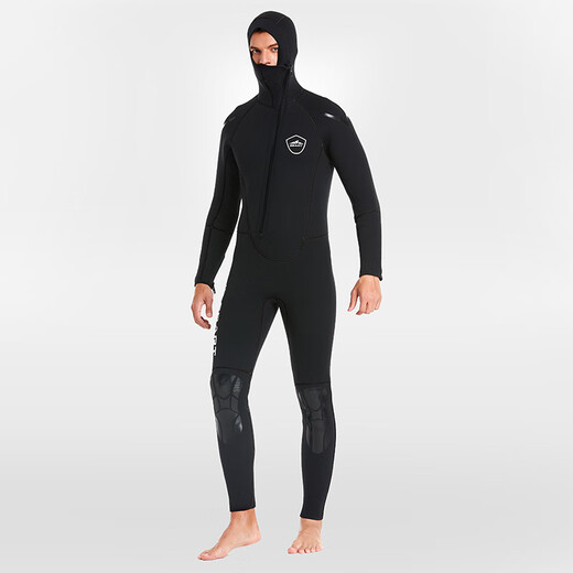 SBART 5MM hooded wetsuit for men, thickened, professional cold-proof and warm, deep diving, fishing, hunting, snorkeling and surfing clothing, winter swimsuit 1528 black hooded 5MM L (65-75KG)