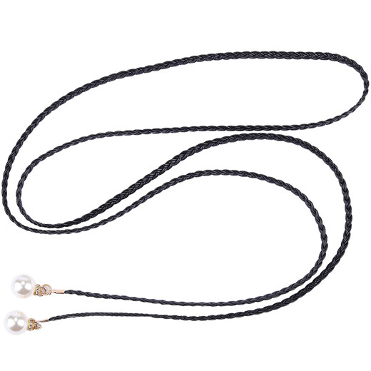 Shulu cow woven belt for women, decorated with pearl small leather rope, simple waist rope with dress waist chain, fashionable skirt belt, black