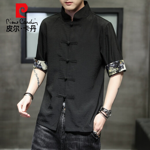 
Pier Cardin summer clothing Chinese style button short-sleeved shirt men's Chinese style retro middle sleeve Tang suit Hanfu ice silk 5-point sleeve Zhongshan suit 8001 style white M 170
