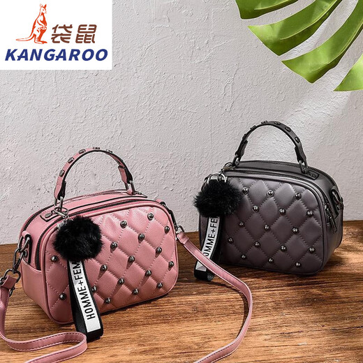 袋鼠（KANGAROO）斜挎小包包女2024时尚复古单肩包铆钉双层手提小方包 753# 米白