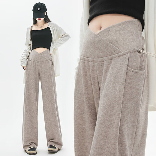 Miduli maternity pants winter wide-leg pants plus velvet glutinous rice pants straight casual pants maternity wear winter oatmeal color L