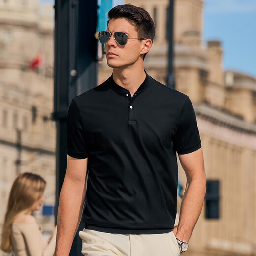 Mr. Cloth Fashion Stand Collar Pure Cotton Herren T-Shirt Frühling und Sommer Neue Slim Black Short Sleeve Business Casual AT12023 Black XL (180)