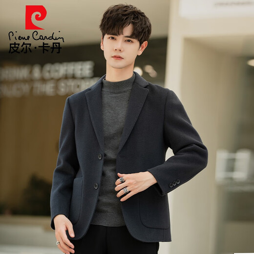 皮尔卡丹毛呢西装外套男春秋季休闲韩版羊毛西服上衣加厚双面呢大衣短款 黑色 M 170