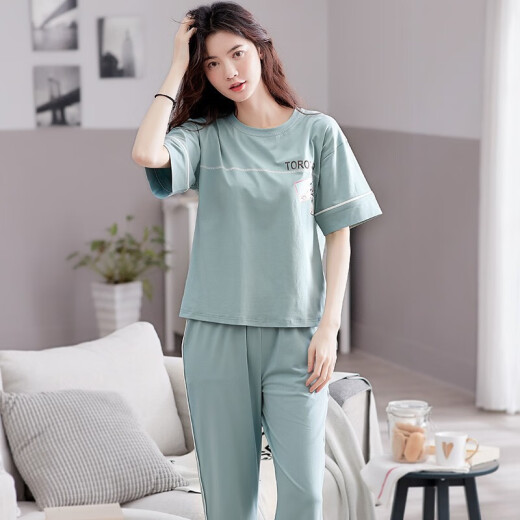 伴心乐（Banxinle）纯棉睡衣女夏季短袖长裤薄款可外穿半袖女生居家服夏天休闲女套装 7374-1# 女XXL/175