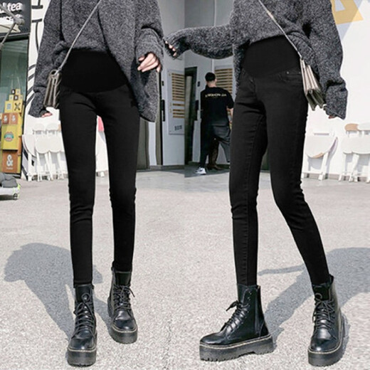 Nanding Yage Maternity Jeans Autumn and Winter New Outerwear Maternity Pants New Velvet Elastic Slim Fit Small Leg Pants Black Spring and Autumn Style L 110-125Jin Jin is equal to 0.5 kg