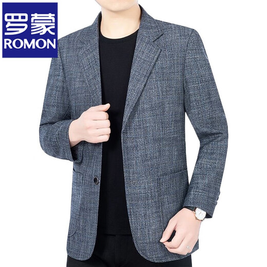 罗蒙（ROMON）春装新款中年男士西装外套爸爸装格子休闲春秋格子西服上衣服男 611灰蓝 175/L【建议120-135斤】