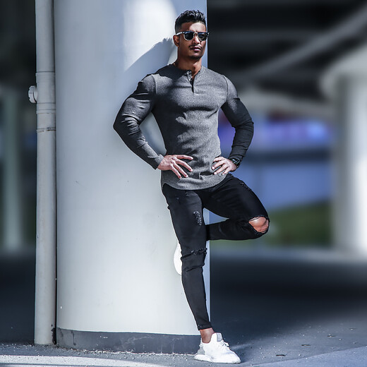 BensonVision sports long-sleeved fitness coach training top running casual slim solid color cotton Henry collar bottoming shirt for men dark blue M