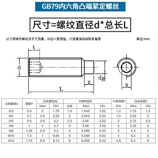 Jinggong 12.9 grade inner hexagonal cylindrical end set screw GB79 convex end set machine meter headless screw 20% off M8 (100 pieces) length 12mm