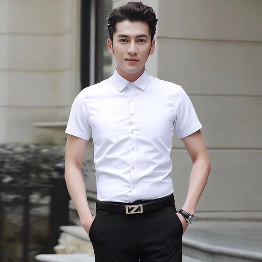 楠馨妤夏季薄款短袖白衬衫男免烫修身商务工作服职业正装衬衣男工装 纯色短袖衬衫-白色 XL