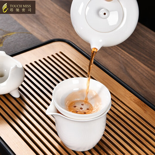 Touchmiss travel tea set portable bag outdoor storage Chinese style mutton-fat jade white porcelain tea cup teapot gift gift mutton-fat jade porcelain Xishi pot six cups with six gentlemen + rectangular black tea tray