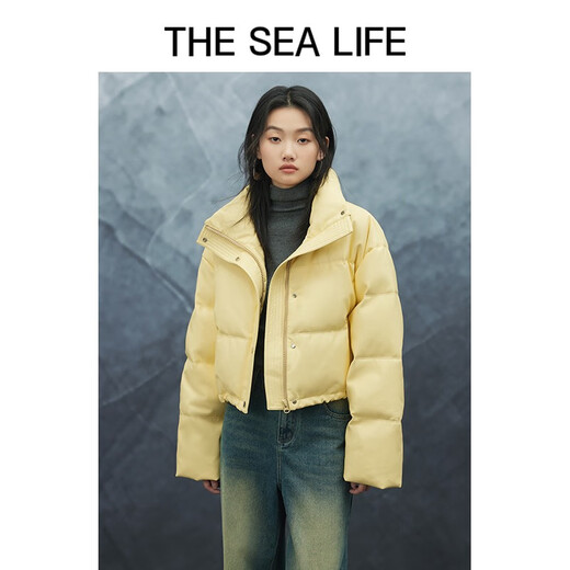 THE SEA LIFE 潮酷短款羽绒服PU皮外套女冬W13701 杏仁白 M
