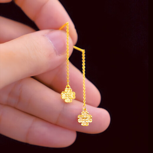 BOMP Old Phoenix Gold Store Hong Kong duty-free gold ear wire women's gold earrings long tassel four-leaf clover earrings Fu word ear wire
