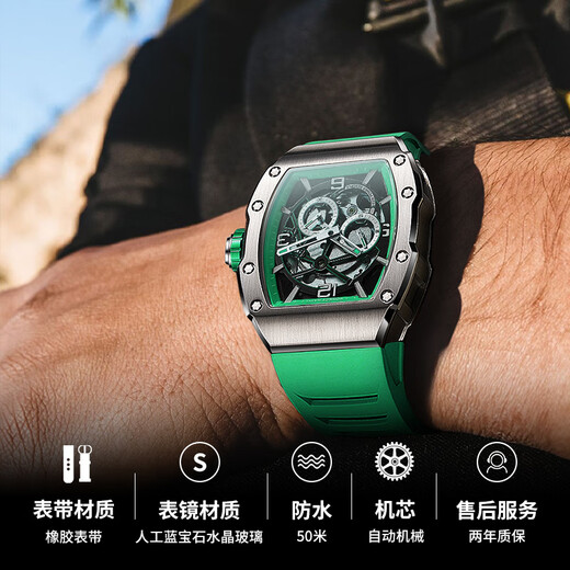 BONEST GATTI Deutsche Uhr Phantomgeschwindigkeit Männer mechanische Uhr Fass Vollautomatisch Uhr Valentinstag Geschenk für Freund Silbergrün BG9903-A4