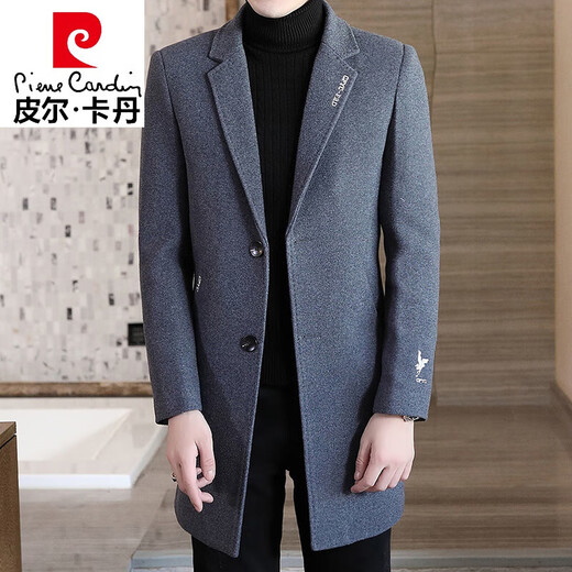 Pierre Cardin high-end brand woolen coat men's mid-length windbreaker winter thickened British high-end suit collar woolen coat 909 black cotton 3XL 161-175Jin Jin is equal to 0.5 kg