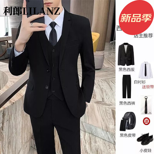 Royal LilanZ suit men's Korean style casual business formal jacket slim best groom wedding dress new suit double button suit + white shirt + trousers + belt + leather shoes XS If you need a single button suit, please contact customer service