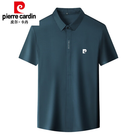 Pierre cardin (pierre cardin) traceless mulberry silk short-sleeved shirt men's summer business casual elastic anti-wrinkle silk shirt sweatshirt 9901-Haqing 4XL 190 suggestion 185-200Jin [Jin equals 0.5 kg]