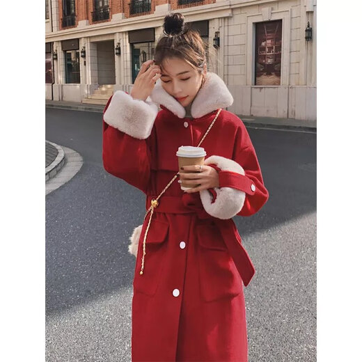 红色毛呢外套女长款2022年新款冬季加绒加厚保暖派克棉服大衣 7895红色 【加绒加厚】 L 建议100-120斤