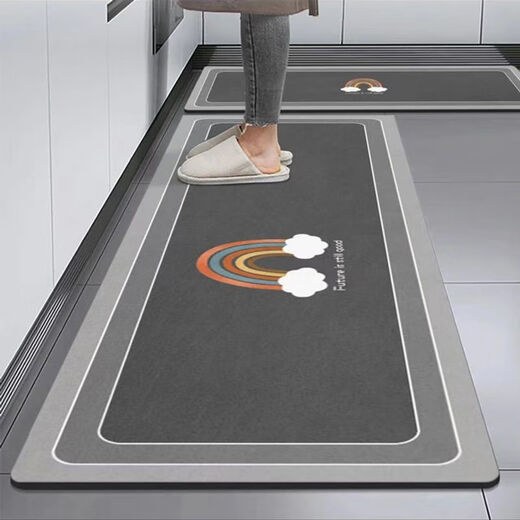 Mihou kitchen special floor mat for home use, water-absorbing, oil-absorbing and dirt-resistant floor mat, long non-slip and wear-resistant kitchen mat supports customization. Cute pet kitten-dark gray 50*80+50*160 style set