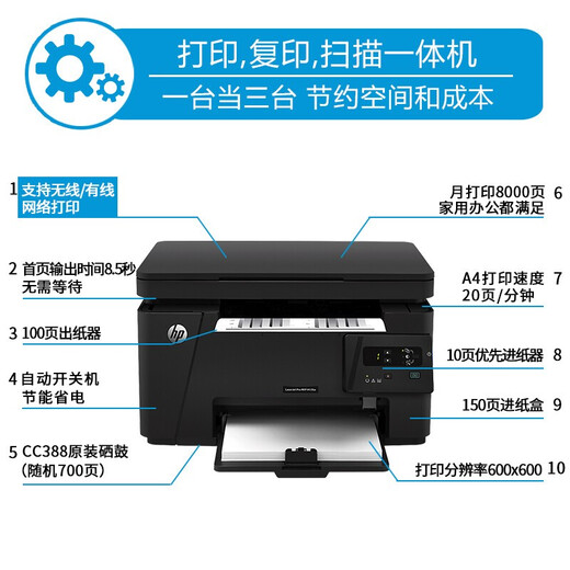 
HP (HP) printer M126a/126nw 128fw/128fn/128fp black and white laser home business office printer printing copy scanning multi-function machine M126nw (print copy scanning + wired/wireless network) Package 4 (official standard + easy to add powder selenium