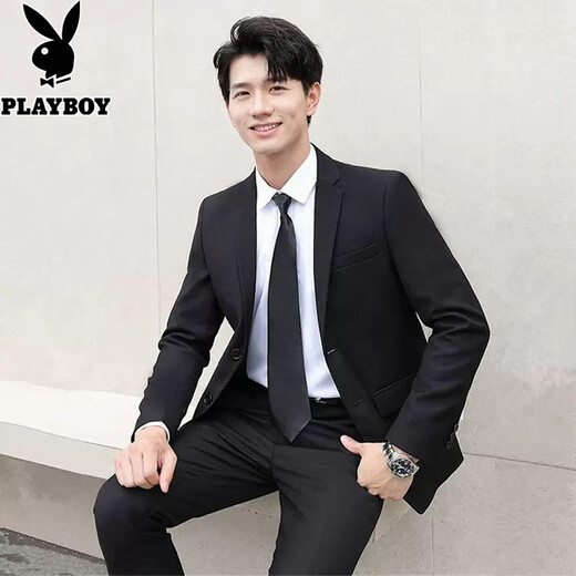 Playboy Suit Men's Korean Slim Top Jacket Groomsmen Wedding Business Professional Formal Small Suit Men Two-button Black Top + Shirt + Tie + Tailor-made Pants 2XL