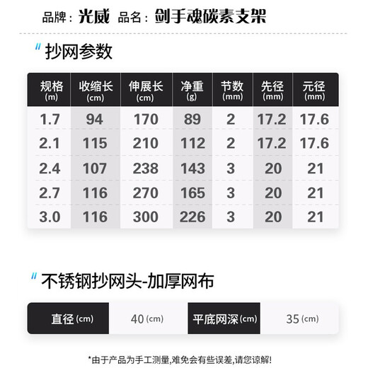 GW Guangwei Swordsman 3.0m carbon copy net ultra-light and super hard including 40cm folding net bag retractable fishing net pole fish net bag fishing gear accessories fishing