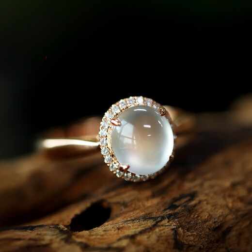 Haikai light luxury Burmese ice jade ring 18K gold inlaid jade cabochon women's ring engagement ring free white high ice white cabochon ring