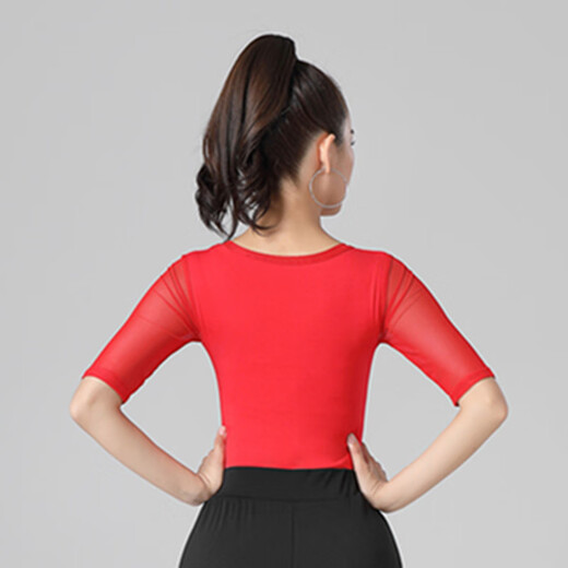 GUBPMTSHIM拉丁舞上衣女中袖圆领恰恰交谊舞练功服秋季新款吉特巴舞蹈服短袖 黑色 B829中袖上衣 M