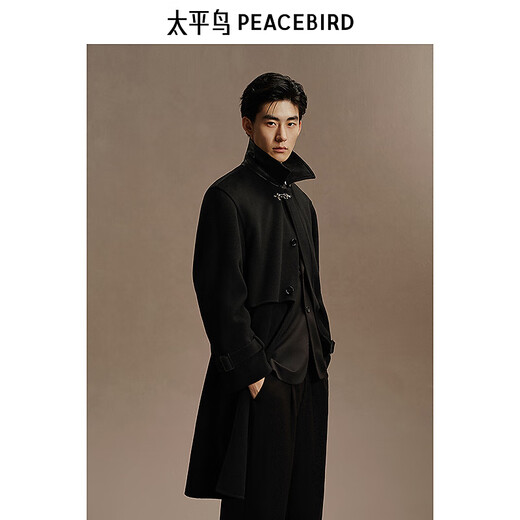 PeaceBird Men's Black Woolen Coat Mid longitud de invierno Mid longitud de lana de doble cara CABA NEGRA FIRM L