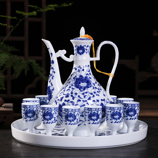 Xihe Yinyao Xihetang Jingdezhen Ceramic Wine Set Liquor Goblet Spirit Cup Blue and White Wine Pot Set Wine Cup Guiguzi Style (1 Pot, 10 Cups, 1 Tray)