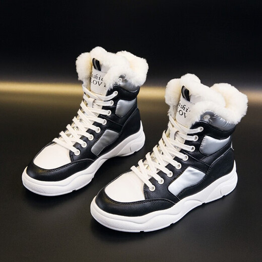VBMGS cowhide snow boots for women 2025 new winter women's shoes high top winter shoes plus velvet short boots waterproof white versatile women's boots black (real leather) MM6626 39