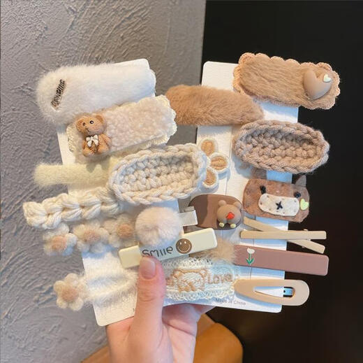 Furui milk coffee plush hair clip Internet celebrity 2025 new bangs side clip headwear autumn and winter hair clip female cute bb Bosong 10-piece set