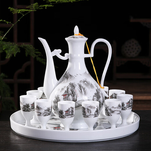 Xihe Yinyao Xihetang Jingdezhen Ceramic Wine Set Liquor Goblet Spirit Cup Blue and White Wine Pot Set Wine Cup Guiguzi Style (1 Pot, 10 Cups, 1 Tray)