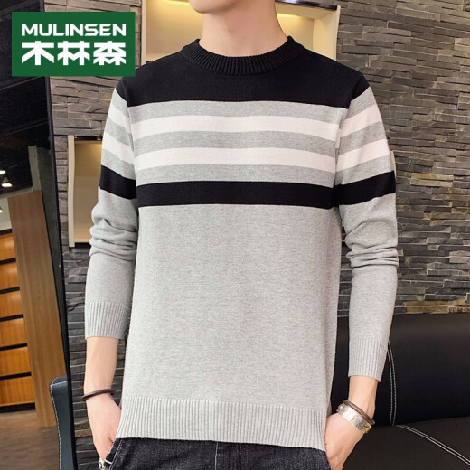 MULINSEN Sweater Men's Trendy Brand Versatile Round Neck Sweater Men's Slim Striped Bottoming Sweater Men's 13F175100110 Gray XL (175/96A)