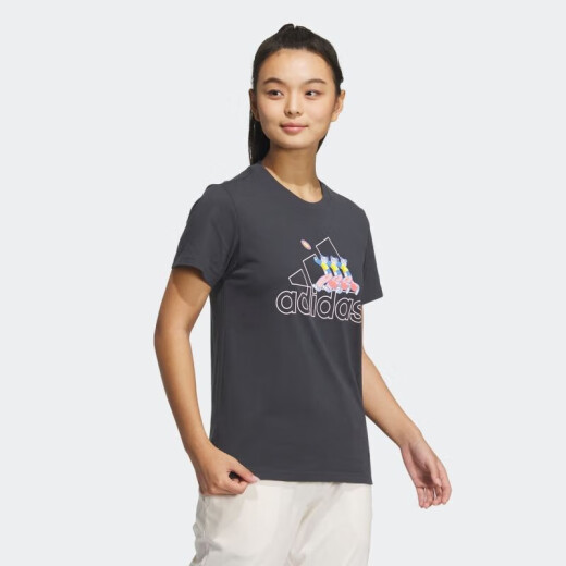 阿迪达斯 （adidas）短袖T恤女装2025夏季半袖印花Logo运动服卡通熊猫图案休闲圆领衫 IP3937深灰 S 推荐85-110斤