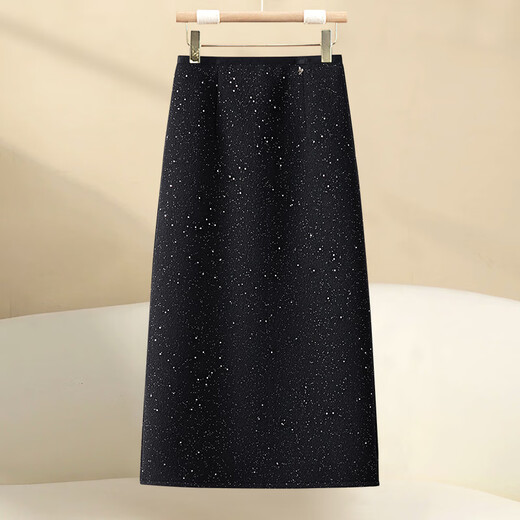 Black sequin skirt for women autumn and winter 2025 new a-line skirt mid-length slim woolen straight hip skirt black sequin-long XL (29) recommended 115-125 Jin Jin equals 0.5 kg