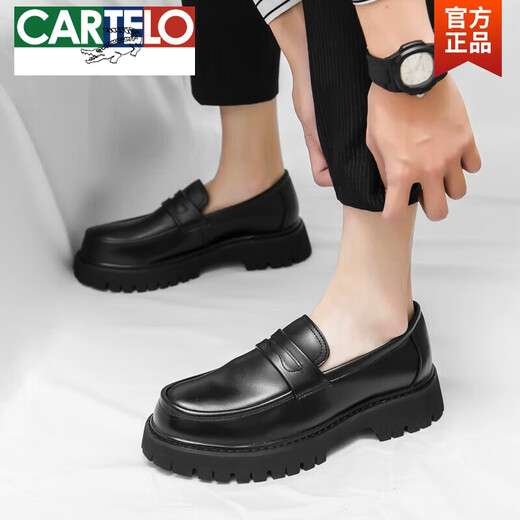 
CARTELO Loafers men's thick sole heightened British style round-toe casual leather shoes business formal wear big head men's shoes trend 698 soft leather black 39