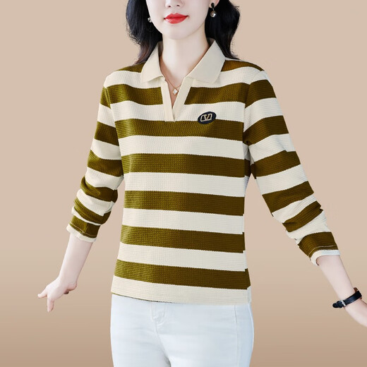 Fangluyu long-sleeved T-shirt for women in spring and autumn new middle-aged mother high-end cotton lapel POLO shirt casual T-shirt loose T-shirt 6636 black and white one size XL recommended to wear 110-119Jin [Jin equals 0.5 kg]