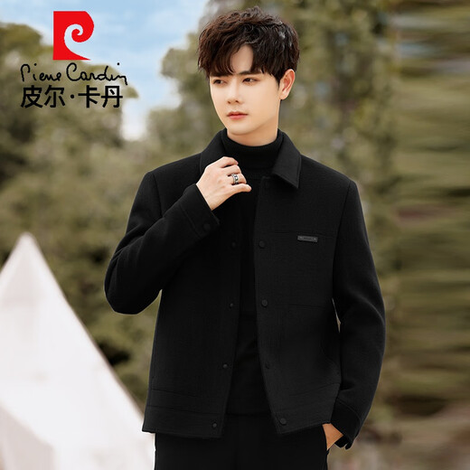 Pierre Cardin Double-sided Woolen Coat Men's Autumn and Winter Thickened High-end Business Casual Short Lapel Woolen Jacket Black (Removable Down Liner) L 175